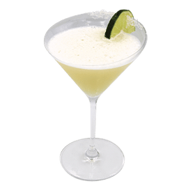 Martini glass with pale yellow drink lime wheel salted rim plain background