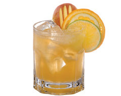 An orange-colored cocktail with ice is served in a short glass and garnished with overlapping orange, lime, and grapefruit slices.
