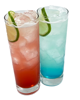 Two tall cocktails are shown side by side with ice and lime slices. The left drink is pink with a darker red layer near the bottom, while the right drink is light blue with a darker blue layer at the bottom