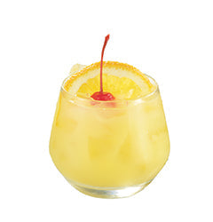 Yellow drink with lemon slice and cherry in a glass