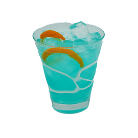 A bright turquoise-blue cocktail with ice is served in a short glass with orange peel pieces visible inside and an orange peel garnish on top