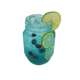 A bright blue cocktail with ice is served in a mason jar with blueberries and lime slices visible inside and a large lime slice on the rim