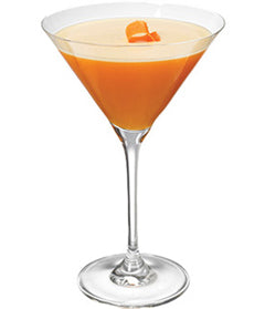 A bright orange cocktail with a light foamy layer is served in a martini glass and garnished with a small orange peel.