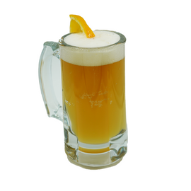 A glass mug filled with beer topped with foam and an orange slice on a plain white background