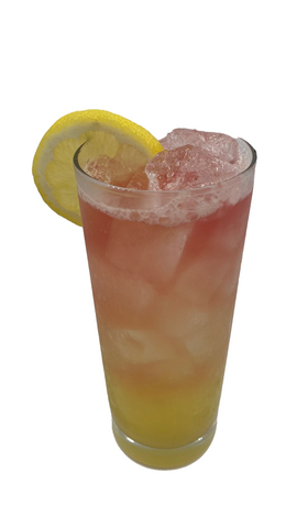 Tall glass with layered yellow and pink iced drink lemon wheel plain background