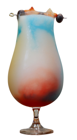 A layered blue white and red drink is served in a hurricane glass with fruit pieces and dark berries on a cocktail pick.