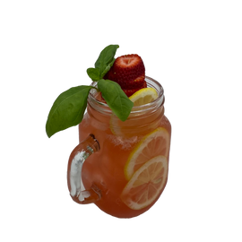 Mason jar mug with pink iced drink strawberry lemon slices basil leaves plain background
