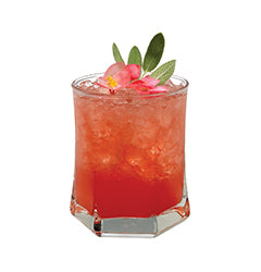 Rocks glass with red iced drink pink flowers sage leaves plain background