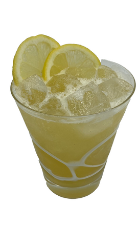 Rocks glass with yellow iced drink lemon slices plain background