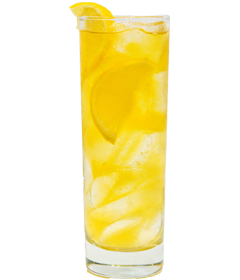 A bright yellow drink with ice and several lemon slices is served in a tall narrow glass and garnished with a lemon wedge on the rim.