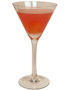 A red cocktail is served in a martini glass with an orange garnish visible inside the drink