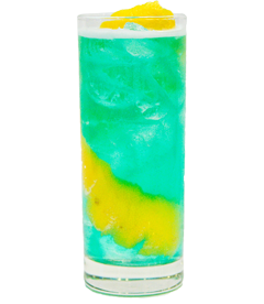 A bright blue green cocktail with ice and a yellow fruit layer is served in a tall glass and topped with a yellow citrus garnish