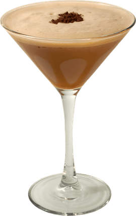 A brown coffee cocktail is served in a martini glass with a thick creamy foam layer and a small mound of cocoa powder sprinkled on top.