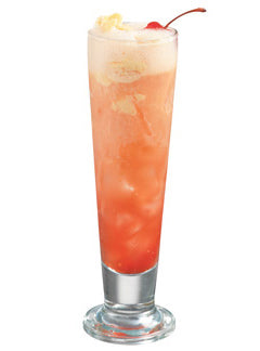 Pink-orange cocktail with ice, foam, lemon garnish, and cherry in a tall glass