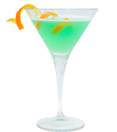 Green cocktail in a martini glass garnished with a twisted orange peel isolated on a white background