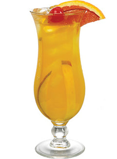 A bright yellow-orange cocktail with ice is served in a tall curved hurricane glass and garnished with orange slices and a red cherry.