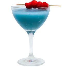 A bright blue cocktail with a light foamy layer is served in a stemmed glass and garnished with fresh raspberries on a wooden skewer.