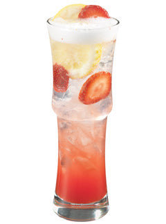 Pilsner glass with layered red clear iced drink lemon wheel strawberry slices plain background