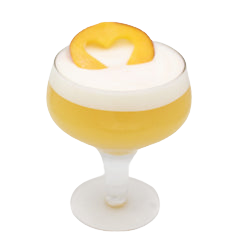 A pale yellow cocktail is served in a coupe glass with a thick white foamy top and garnished with an orange peel arranged on the surface.