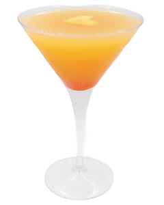 A bright orange cocktail with a darker red layer at the bottom is served in a martini glass and topped with a small lemon garnish.