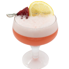A pink cocktail with a thick white foamy top is served in a coupe glass and garnished with raspberries and a lemon slice.
