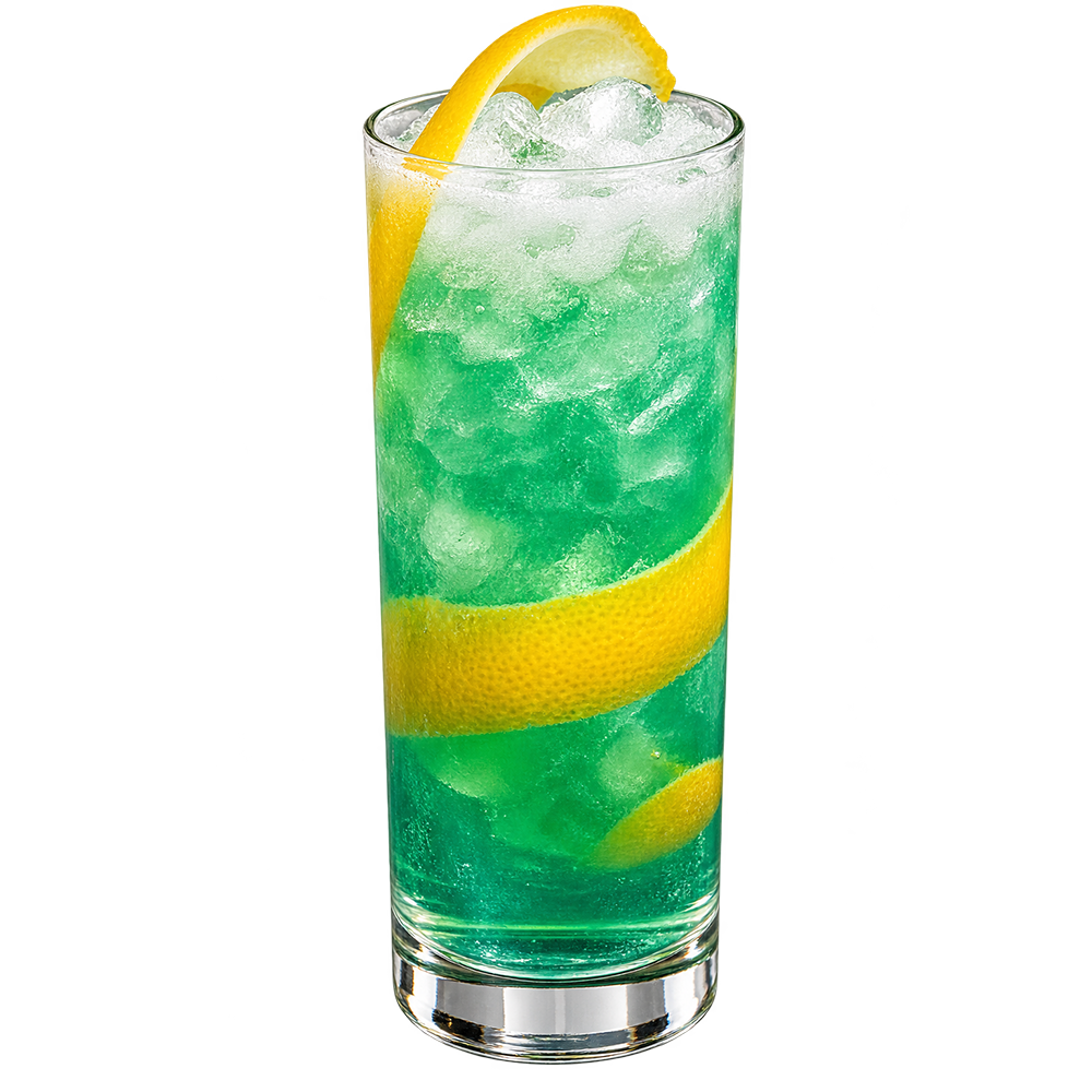 A tall glass filled with a green iced drink garnished with a long lemon twist on a plain white background