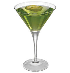 A bright green cocktail is served in a martini glass and garnished with a lime slice floating on the surface