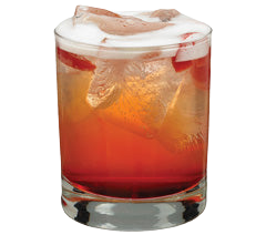 A red and orange cocktail with ice is served in a short glass with a darker red layer at the bottom and a light foamy top