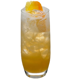 A golden orange cocktail with ice is served in a tall glass and garnished with a large orange peel on top