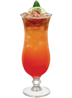 A red orange cocktail with ice is served in a tall stemmed glass and garnished with a lime slice red cherry and green leaf