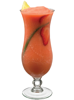 A red strawberry cocktail with ice is served in a tall stemmed glass with strawberry slices visible inside and a lemon slice on the rim