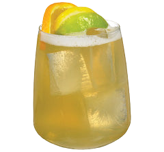 A pale yellow citrus cocktail with ice is served in a short rounded glass and garnished with orange and lime slices on top