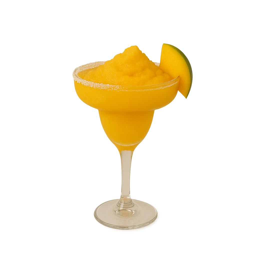 Yellow mango cocktail with mango slices in a stemmed glass