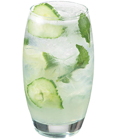 Clear cucumber cocktail with ice cucumber slices and mint leaves in a tall glass