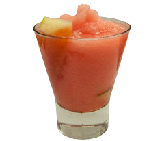 A pink-red watermelon cocktail with crushed ice is served in a short glass and garnished with a watermelon wedge.
