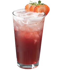 A red strawberry cocktail with ice is served in a tall glass and garnished with several fresh strawberry slices and green strawberry leaves.