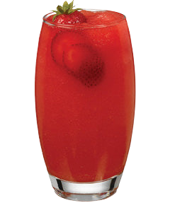 A bright red strawberry drink is served in a tall glass, with strawberries visible inside and a whole strawberry with green leaves garnishing the rim.