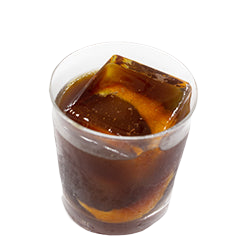 Rocks glass with dark amber drink large ice cube orange peel plain background