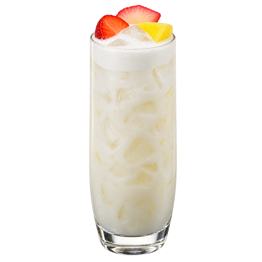 A creamy white cocktail is served in a tall narrow glass and garnished with a strawberry slice and a small yellow citrus garnish on top