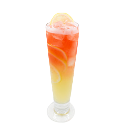 Pilsner glass with layered red yellow iced drink lemon wheel plain background