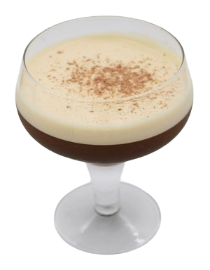 A dark brown cocktail is served in a coupe glass with a thick layer of creamy white foam and a light dusting of cinnamon on top