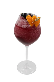 Red berry drink in a glass garnished with blueberries and an orange slice