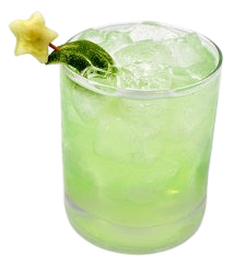 Rocks glass with green drink apple star lime peel plain background