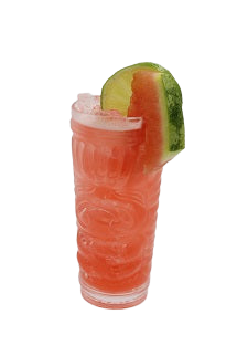Tiki glass with pink iced drink lime wedge watermelon slice plain background