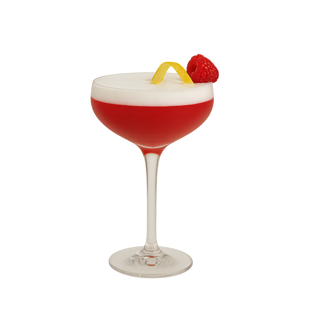 Coupe glass with pink drink white foam raspberry pick plain background