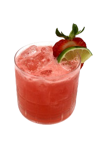 Rocks glass with red drink strawberry slice lime wheel plain background
