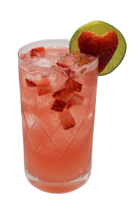 Highball glass with pink drink strawberry heart lime wheel plain background