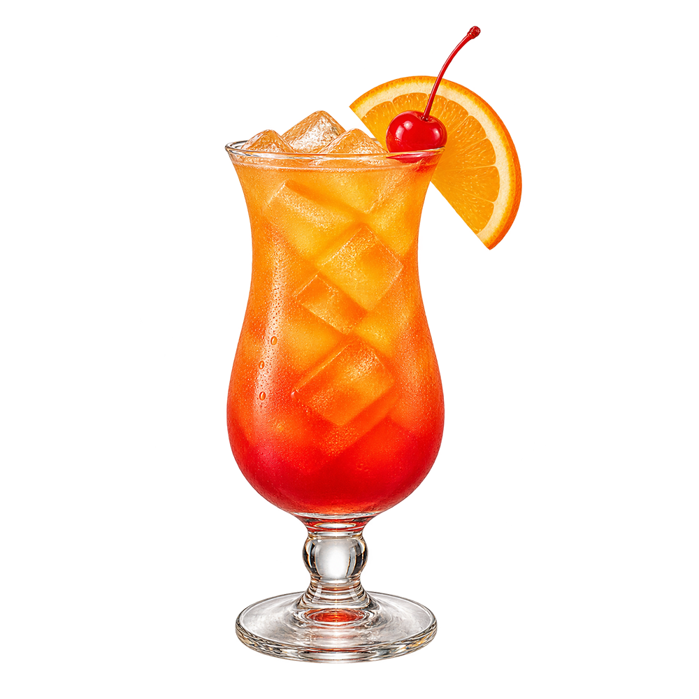 Hurricane glass with layered red orange and brown iced drink orange wheel cherry plain background