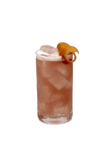 Highball glass with pink iced drink orange peel plain background