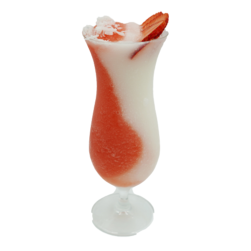 Hurricane glass with swirled pink and white frozen drink strawberry slice plain background